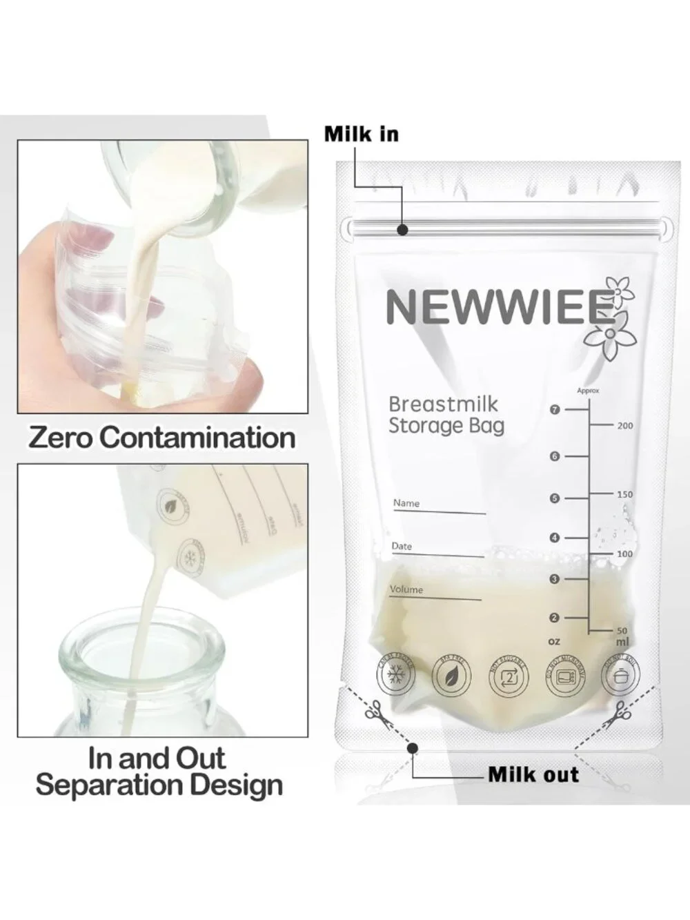 600 Count Breastmilk Storage Bags - 7oz Self-Standing, No Leak, Double Seal